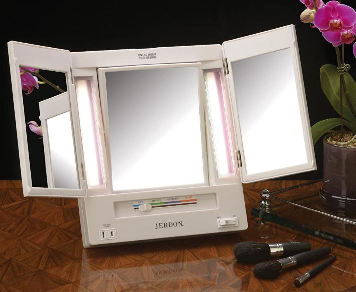 Jerdon Tri-Fold Two-Sided Lighted Makeup Mirror