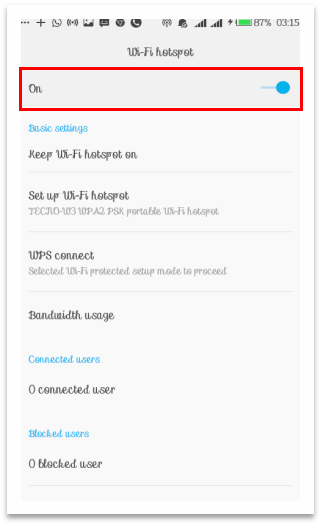 How to set up mobile hotspot for Tecno W3-10