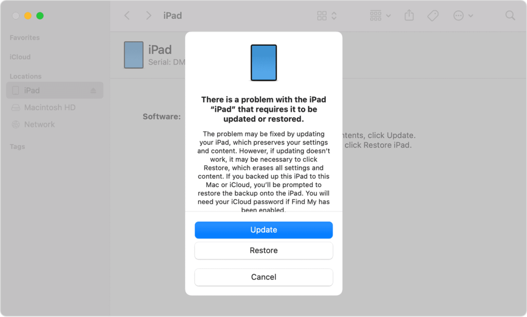 ipad recovery mode pop up message in itunes