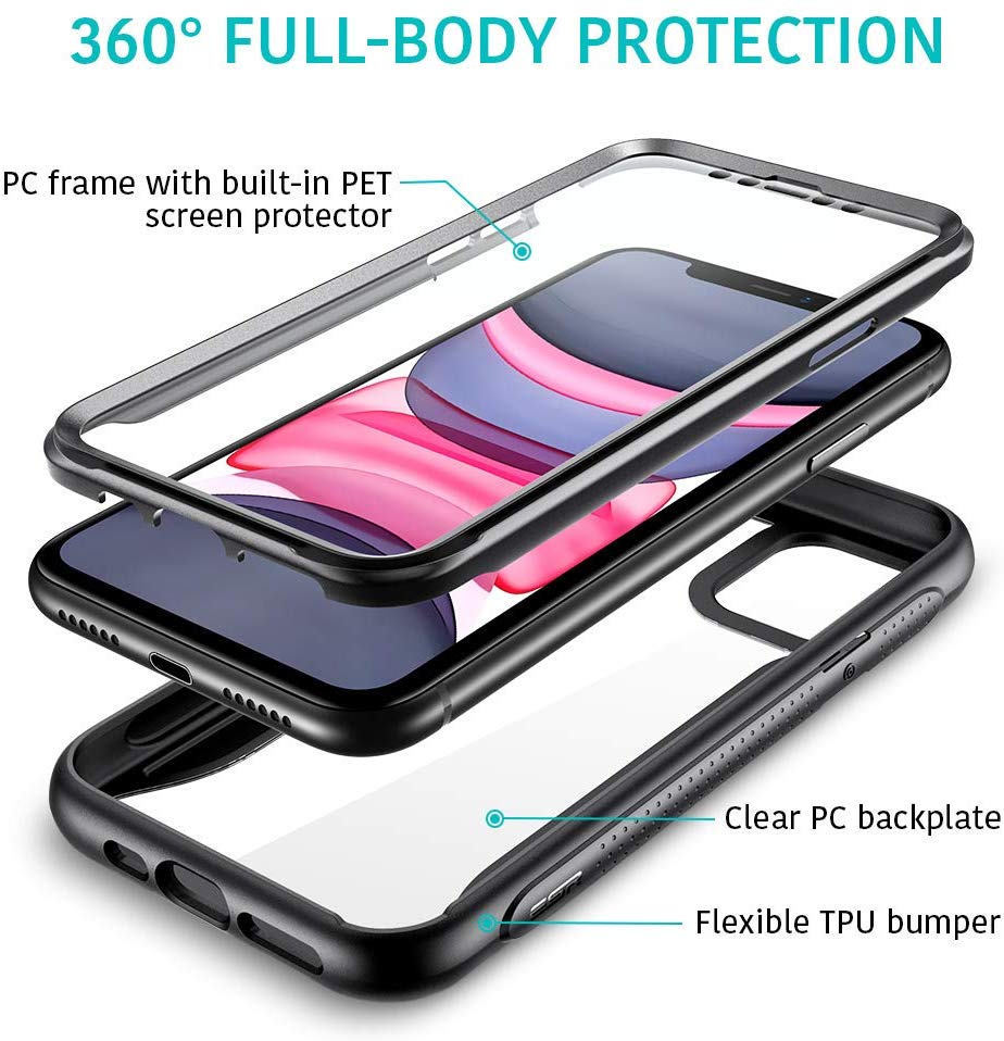 360 Degree Full Body Heavy Duty Shockproof Protective Cover for iPhone 11 Pro Max, Black Fortified Air Cushioned Protective Case for iPhone 