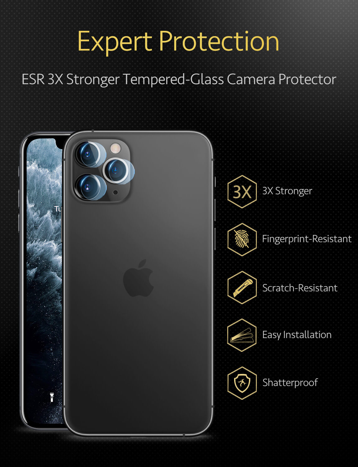 Premium Tempered Glass Gold Power Theory iPhone 11 Pro & iPhone 11 Pro Max Camera Lens Protector Easy Installation 