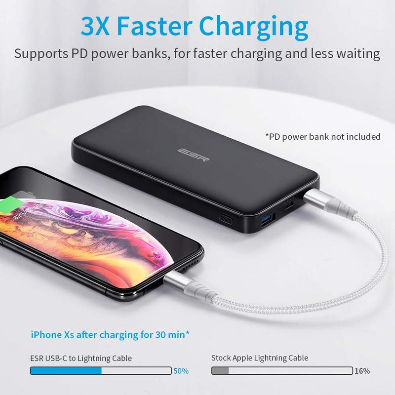 ESR USB-C to Lightning Cable MFi Certified Power Delivery Fast Charging for iPhone 11/11 Pro/11 Pro Max/XR/XS Max/XS/X/8/8 Plus 0.6ft Black for Use with Type-C Chargers Braided Nylon