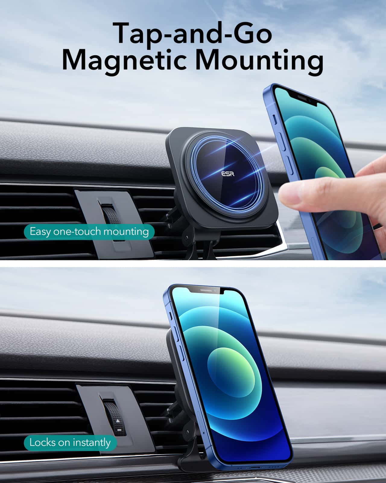Dashboard and Air Vent Phone Holder with Secure Magnetic Attachment Compatible with iPhone 12/12 Pro/12 mini/12 Pro Max Black ESR HaloLock Magnetic Car Phone Mount