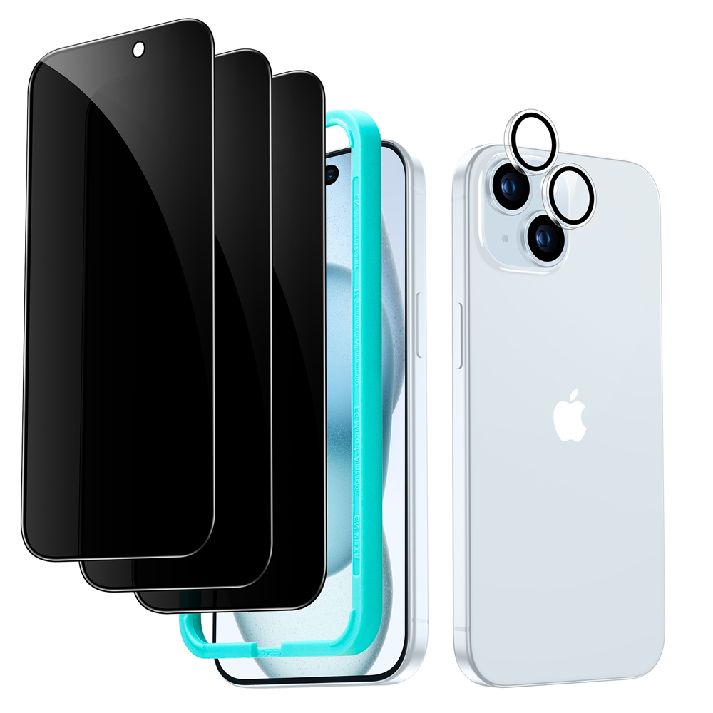 iPhone 15シリーズ用強化ガラス製プライバシー保護フィルムセット