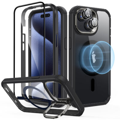 iPhone 15 Armor Tough Case with Stash Stand Protection Bundle clear black