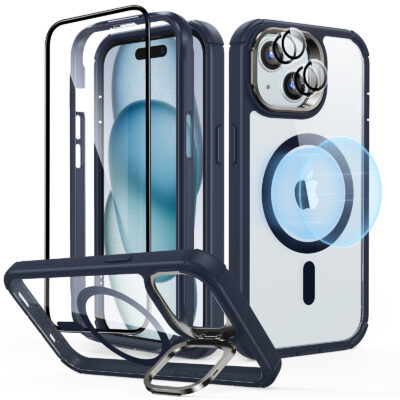 iPhone 15 Plus Armor Tough Case with Stash Stand Privacy Bundle clear dark blue