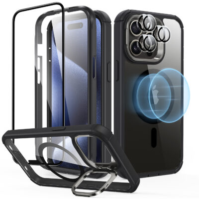 iPhone 15 Pro Armor Tough Case with Stash Stand Protection Bundle clear black 1