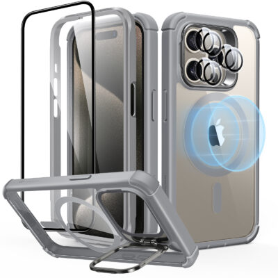 iPhone 15 Pro Armor Tough Case with Stash Stand Protection Bundle clear grey