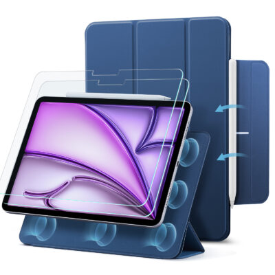 ipad air 13 inch magnetic folio case with tempered glass screen protector navy blue