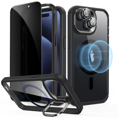 iPhone 15 Plus Armor Tough Case with Stash Stand Privacy Bundle clear black