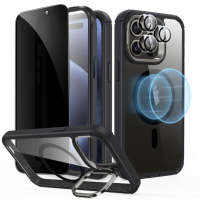 iPhone 15 Pro Armor Tough Case with Stash Stand Privacy Bundle clear black