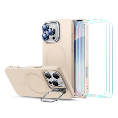 iPhone 16 Pro Silicone MagSafe Case with Screen Protector Bundle tan