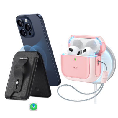 pink airpods 4 magsafe case and magsafe wallet with find my