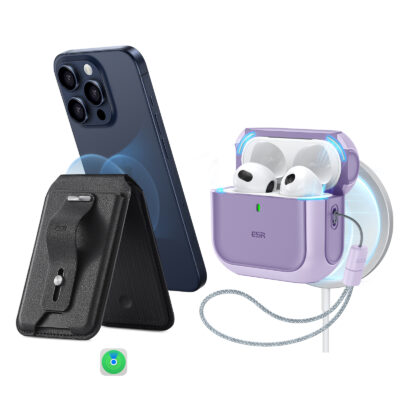 purple airpods 4 magsafe case and magsafe wallet with find my